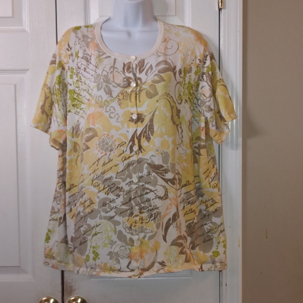 CJ Banks yellow and tan button down short sleeve cardigan  Sz 2X